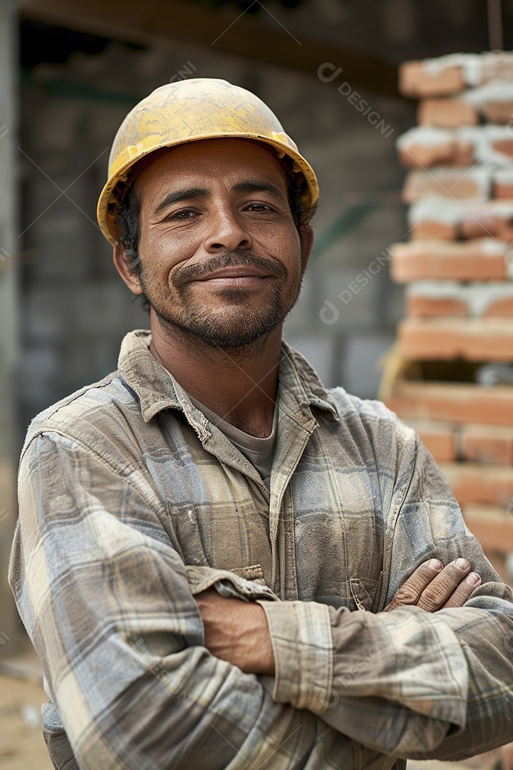 Pedreiro brasileiro padrão em frente a um canteiro de obras com os braços cruzados