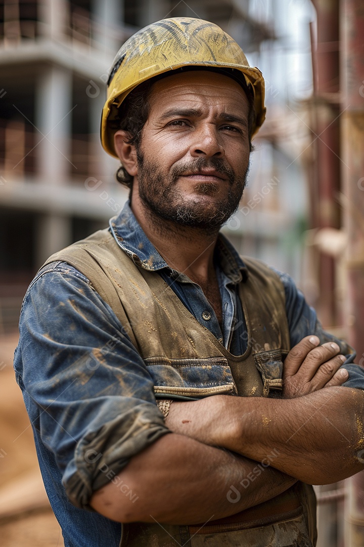 Pedreiro brasileiro padrão em frente a um canteiro de obras com os braços cruzados