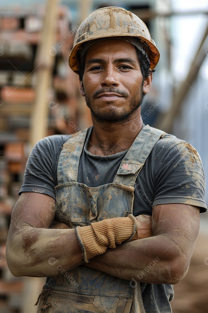 Pedreiro brasileiro padrão em frente a um canteiro de obras com os braços cruzados