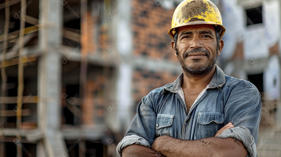 Pedreiro brasileiro padrão em frente a um canteiro de obras com os braços cruzados