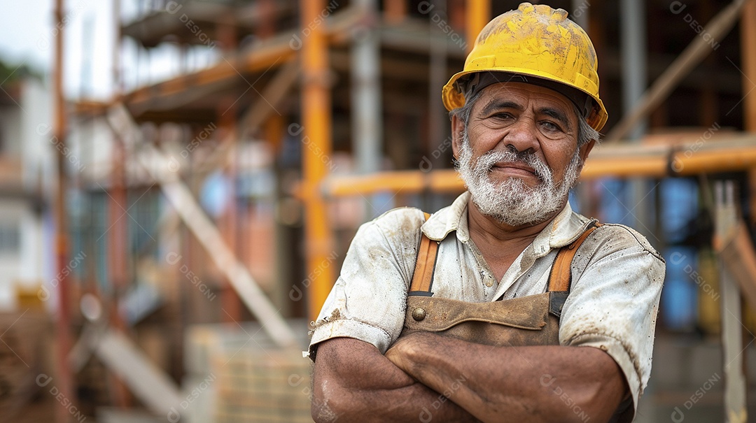Pedreiro brasileiro padrão em frente a um canteiro de obras com os braços cruzados