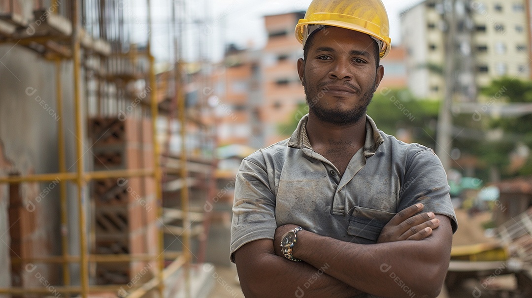 Pedreiro brasileiro padrão em frente a um canteiro de obras com os braços cruzados