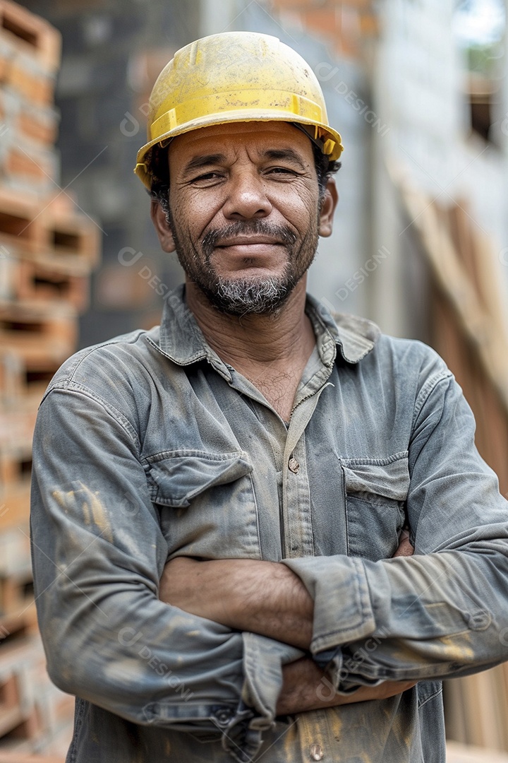 Pedreiro brasileiro padrão em frente a um canteiro de obras com os braços cruzados