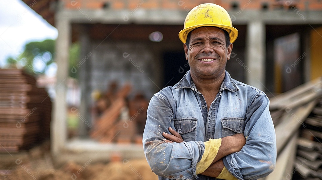 Pedreiro brasileiro padrão em frente a um canteiro de obras com os braços cruzados
