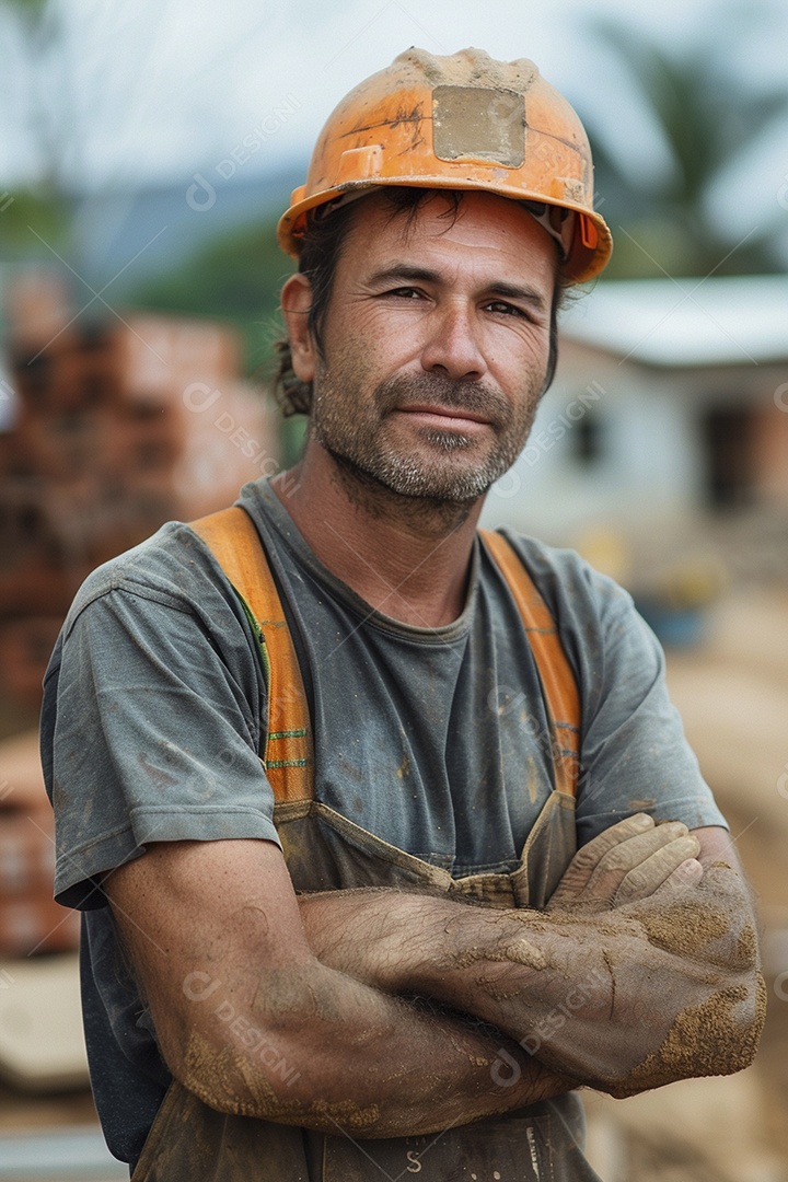 Pedreiro brasileiro padrão em frente a um canteiro de obras com os braços cruzados