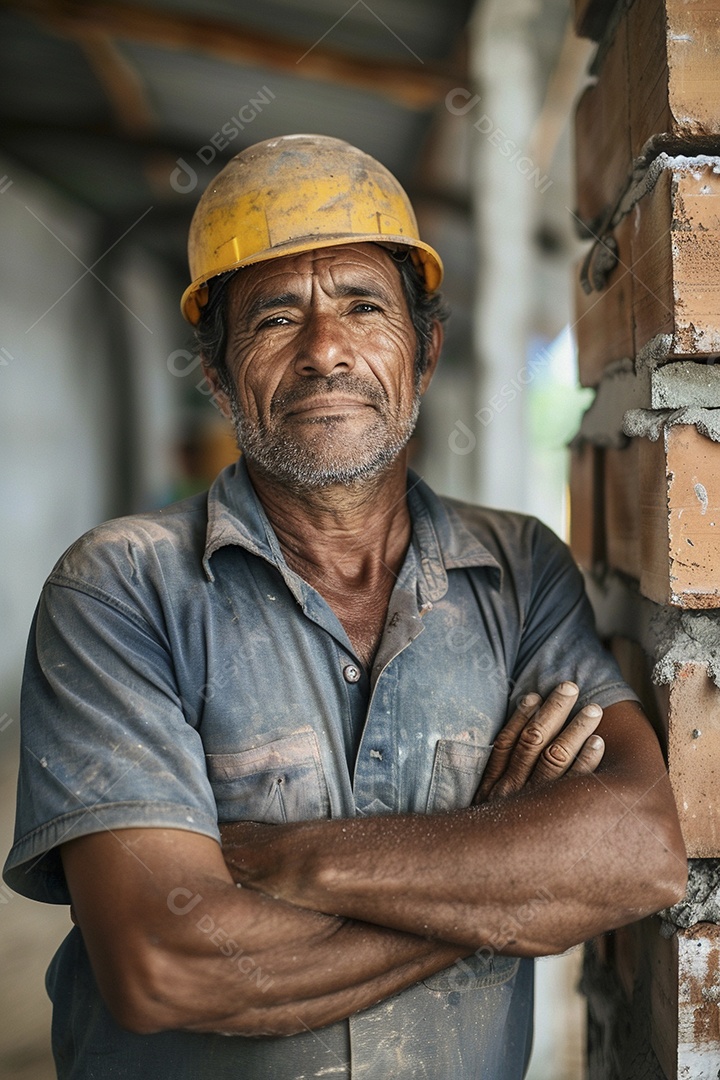 Pedreiro brasileiro padrão em frente a um canteiro de obras com os braços cruzados