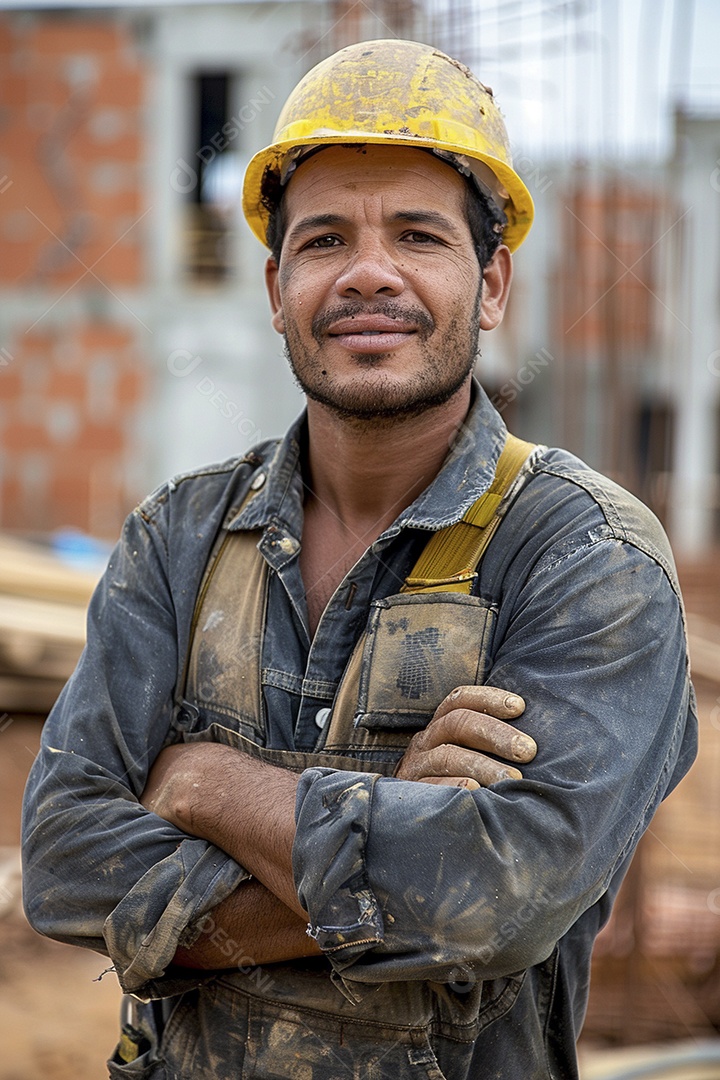 Pedreiro brasileiro padrão em frente a um canteiro de obras com os braços cruzados