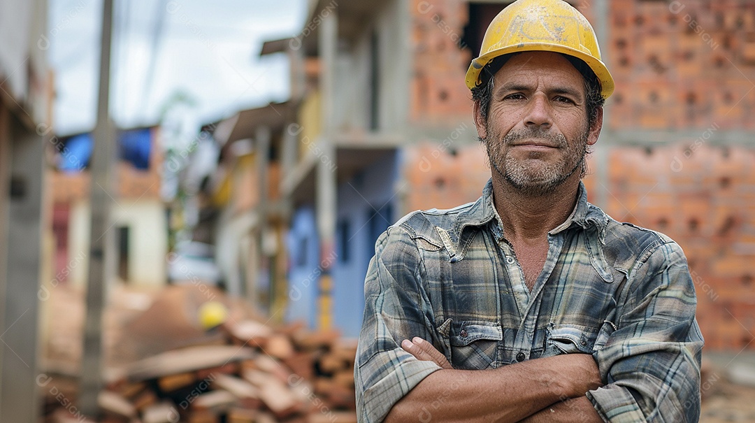 Pedreiro brasileiro padrão em frente a um canteiro de obras com os braços cruzados