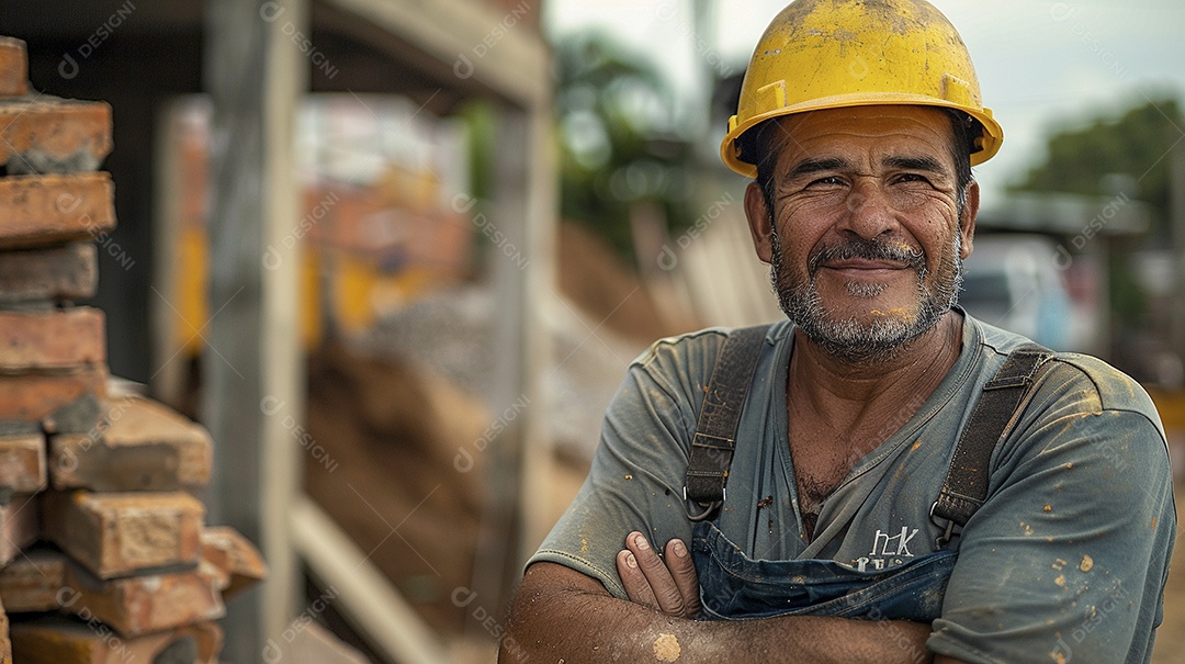 Pedreiro brasileiro padrão em frente a um canteiro de obras com os braços cruzados