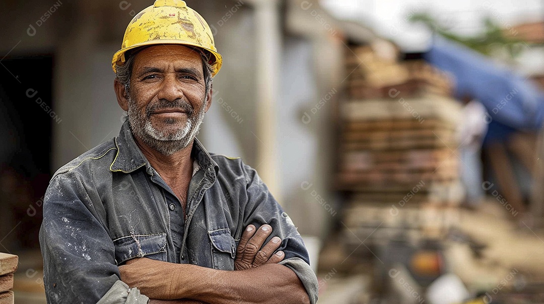 Pedreiro brasileiro padrão em frente a um canteiro de obras com os braços cruzados