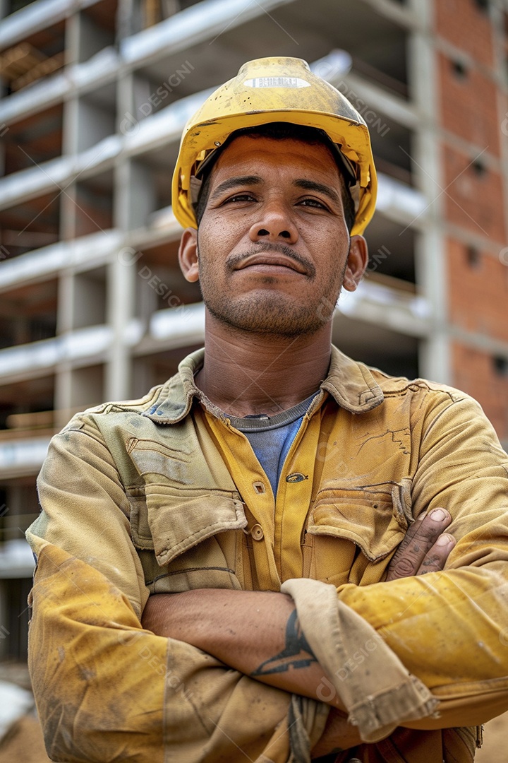 Pedreiro brasileiro padrão em frente a um canteiro de obras com os braços cruzados