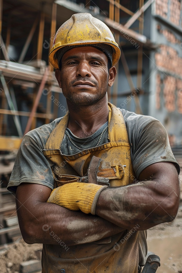 Pedreiro brasileiro padrão em frente a um canteiro de obras com os braços cruzados