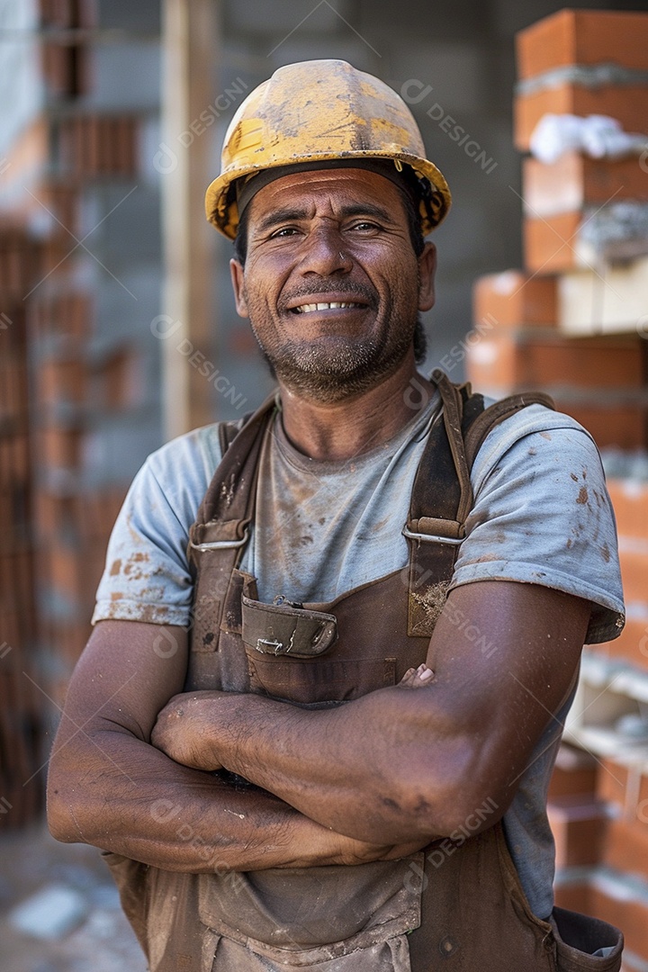 Pedreiro brasileiro padrão em frente a um canteiro de obras com os braços cruzados