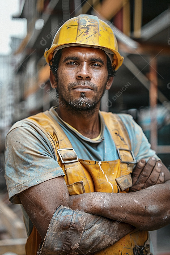 Pedreiro brasileiro padrão em frente a um canteiro de obras com os braços cruzados