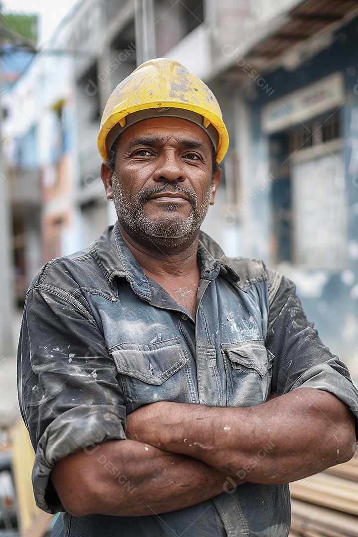 Pedreiro brasileiro padrão em frente a um canteiro de obras com os braços cruzados