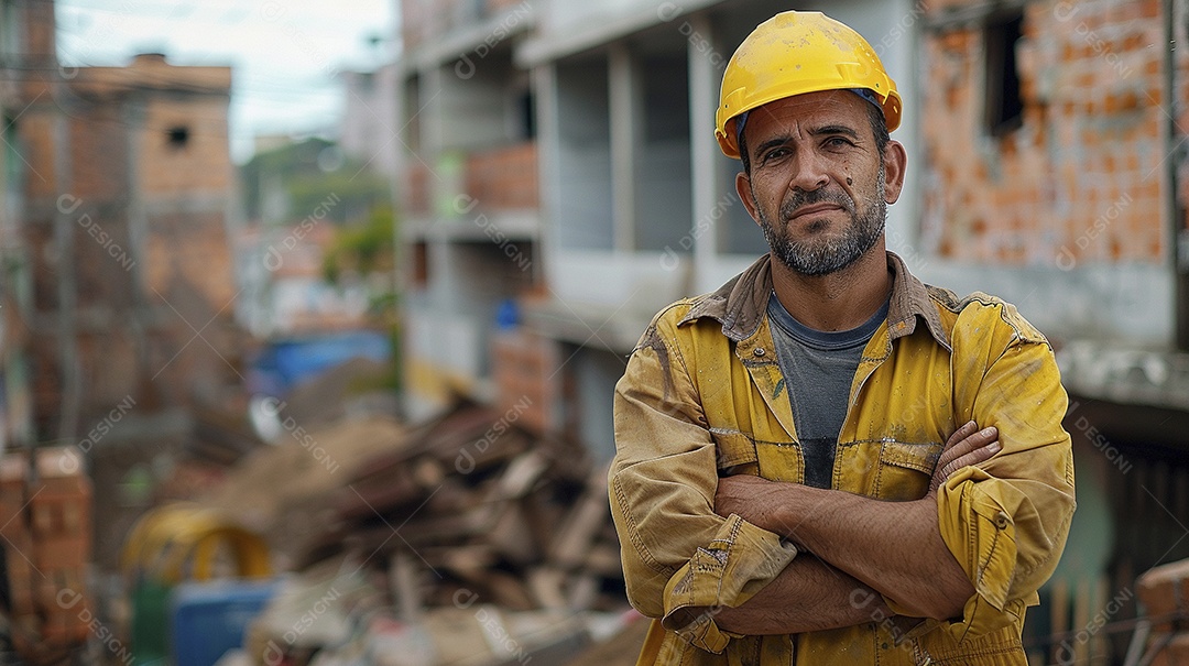 Pedreiro brasileiro padrão em frente a um canteiro de obras com os braços cruzados