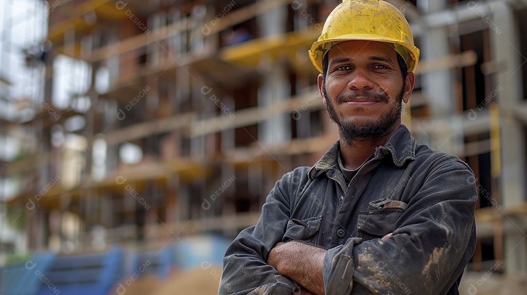 Pedreiro brasileiro padrão em frente a um canteiro de obras com os braços cruzados