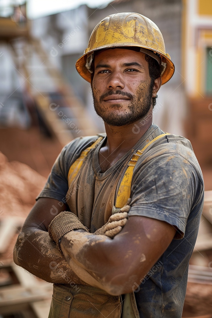 Pedreiro brasileiro padrão em frente a um canteiro de obras com os braços cruzados