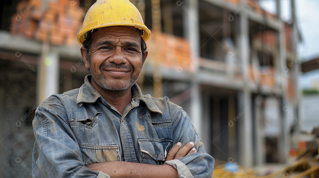 Pedreiro brasileiro padrão em frente a um canteiro de obras com os braços cruzados