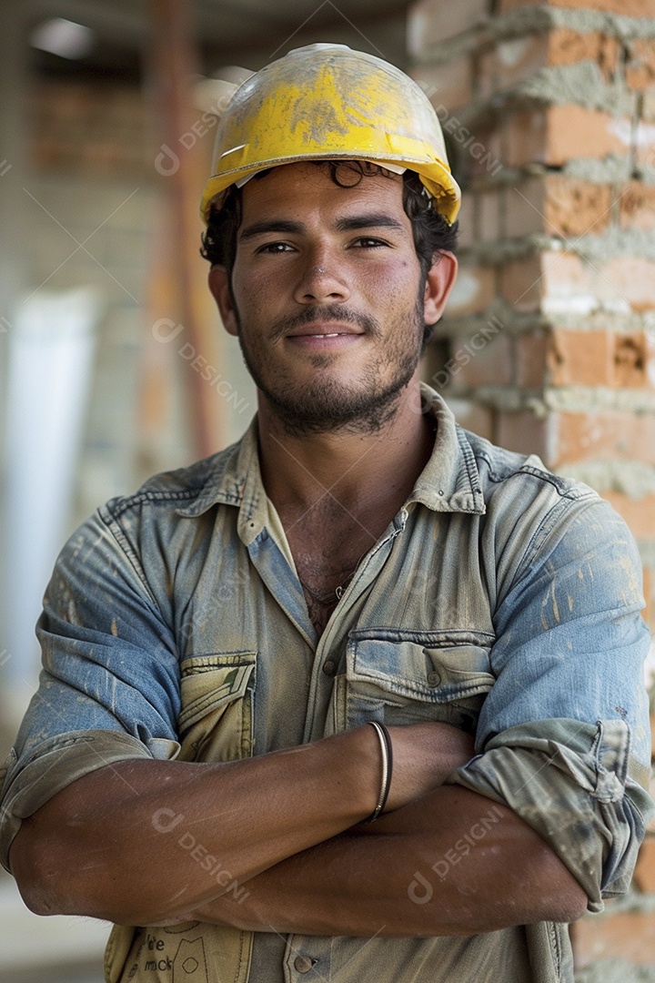 Pedreiro brasileiro padrão em frente a um canteiro de obras com os braços cruzados