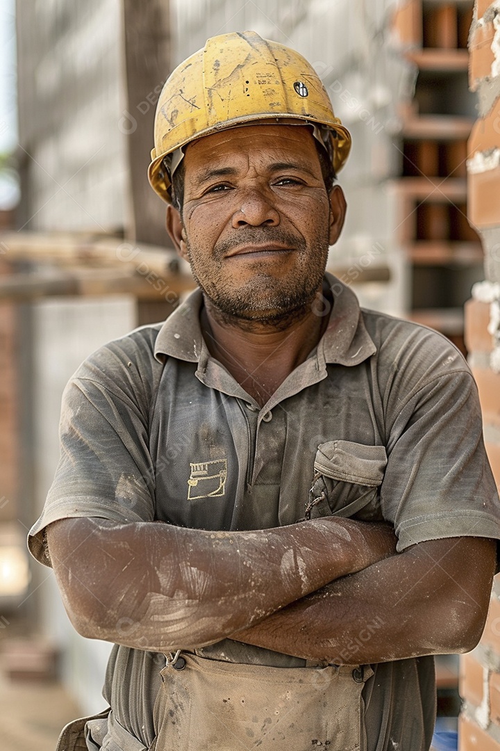 Pedreiro brasileiro padrão em frente a um canteiro de obras com os braços cruzados