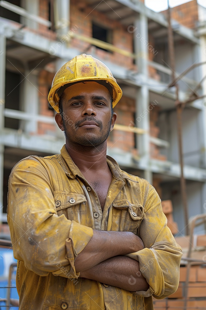 Pedreiro brasileiro padrão em frente a um canteiro de obras com os braços cruzados