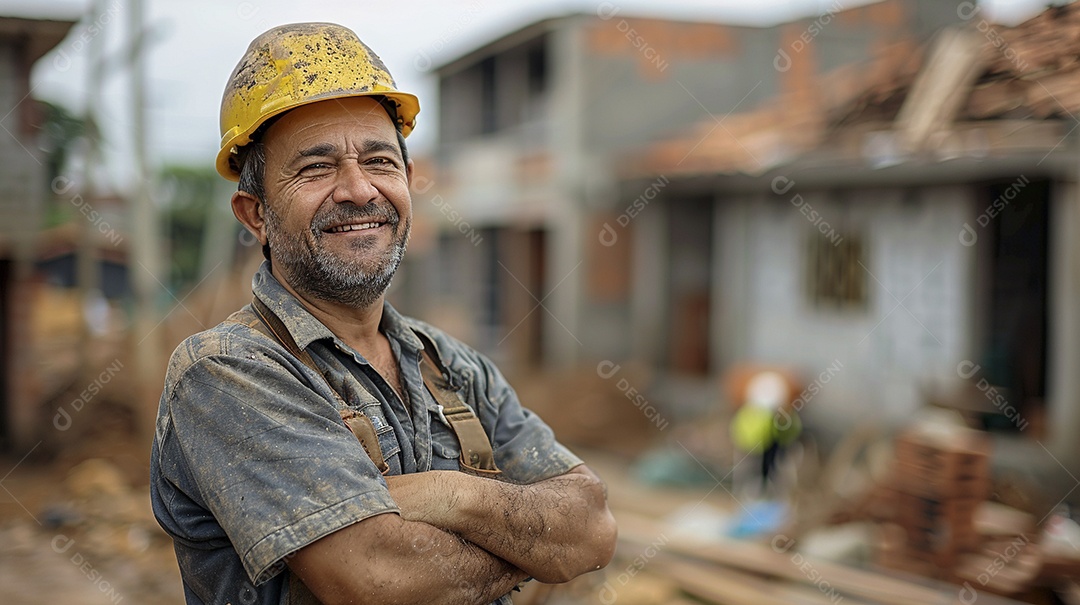 Pedreiro brasileiro padrão em frente a um canteiro de obras com os braços cruzados