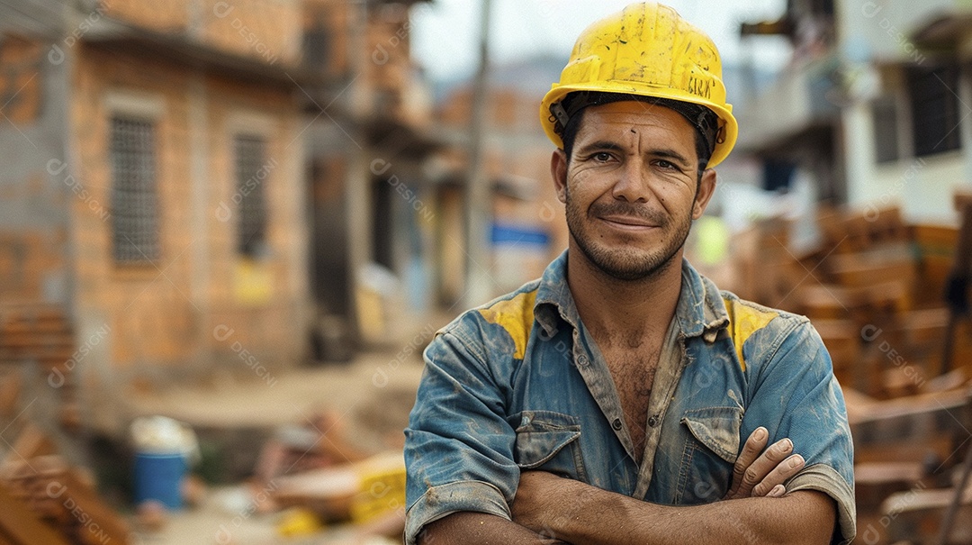 Pedreiro brasileiro padrão em frente a um canteiro de obras com os braços cruzados