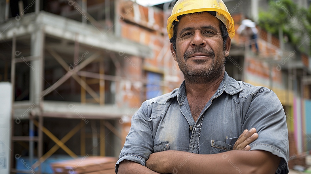 Pedreiro brasileiro padrão em frente a um canteiro de obras com os braços cruzados