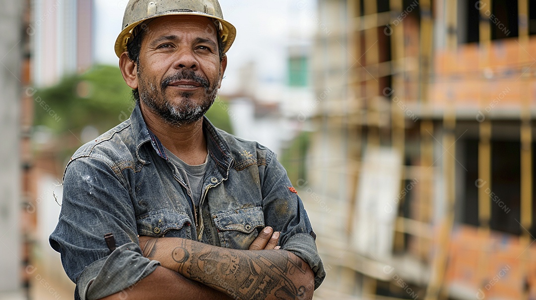 Pedreiro brasileiro padrão em frente a um canteiro de obras com os braços cruzados