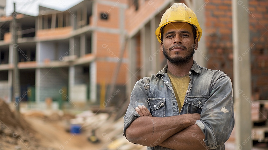 Pedreiro brasileiro padrão em frente a um canteiro de obras com os braços cruzados
