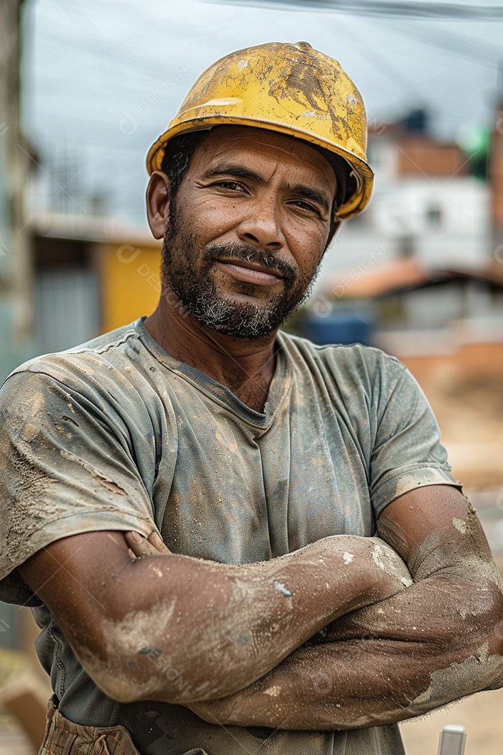 Pedreiro brasileiro padrão em frente a um canteiro de obras com os braços cruzados