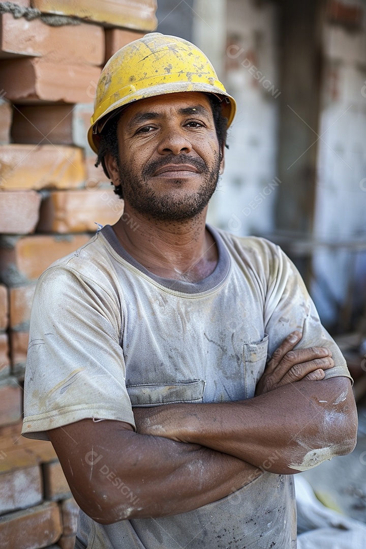 Pedreiro brasileiro padrão em frente a um canteiro de obras com os braços cruzados