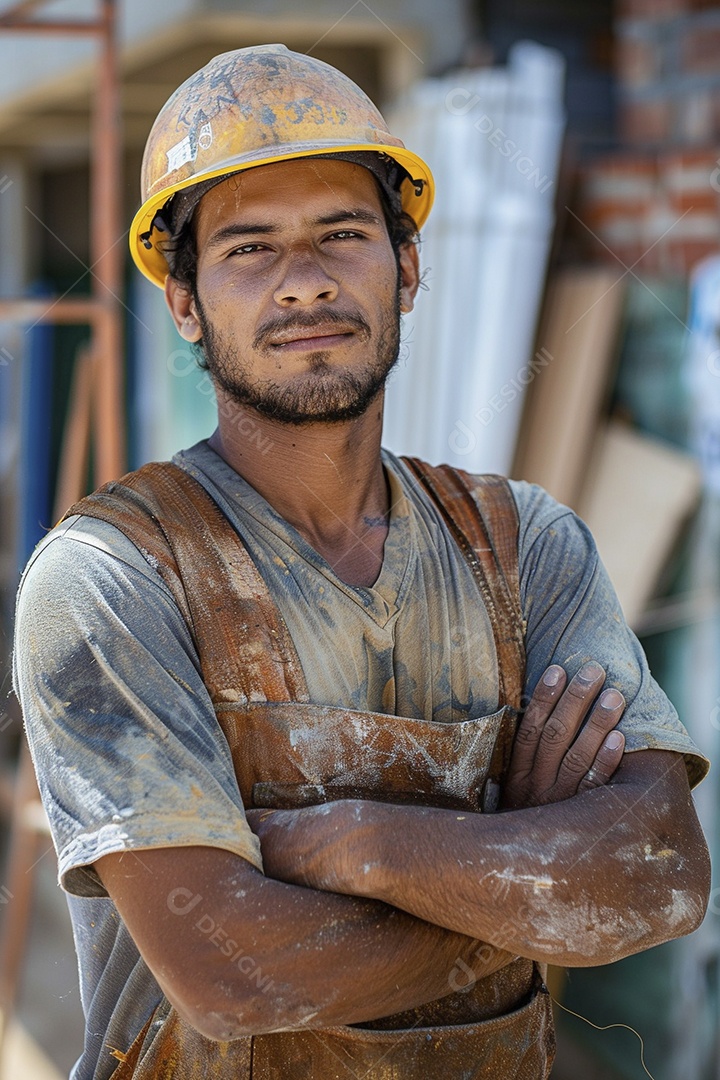 Pedreiro brasileiro padrão em frente a um canteiro de obras com os braços cruzados