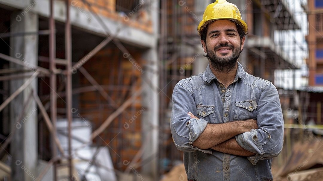 Pedreiro brasileiro padrão em frente a um canteiro de obras com os braços cruzados