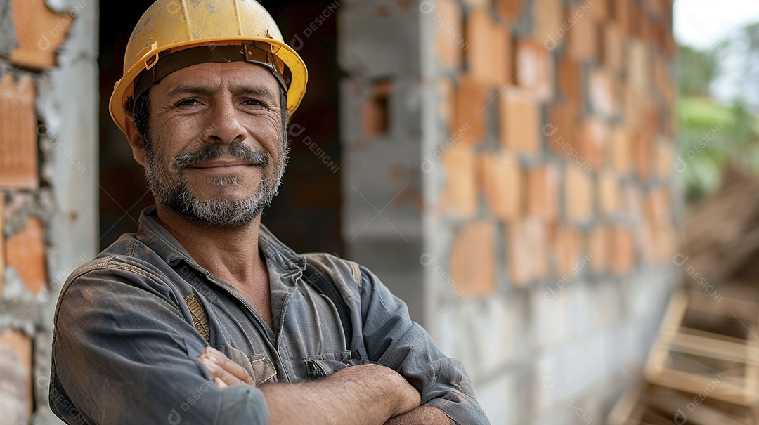 Pedreiro brasileiro padrão em frente a um canteiro de obras com os braços cruzados