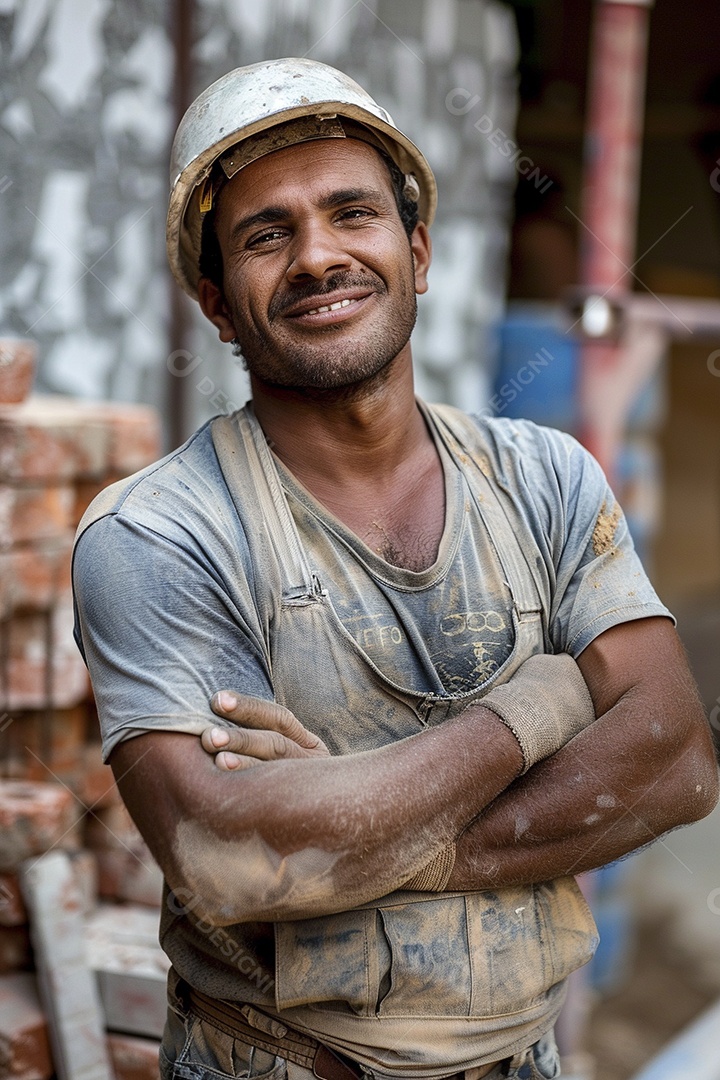 Pedreiro brasileiro padrão em frente a um canteiro de obras com os braços cruzados