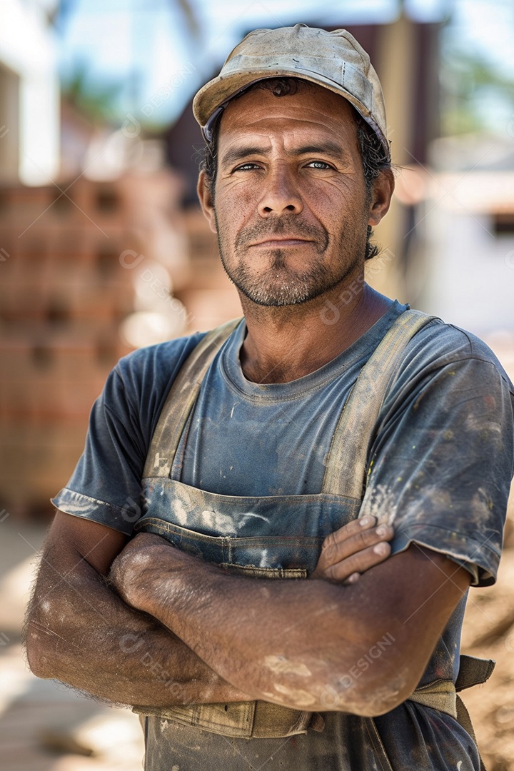 Pedreiro brasileiro padrão em frente a um canteiro de obras com os braços cruzados