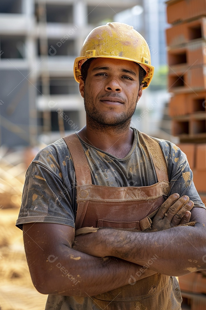 Pedreiro brasileiro padrão em frente a um canteiro de obras com os braços cruzados