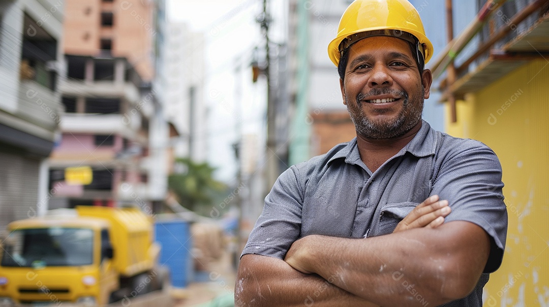 Pedreiro brasileiro padrão em frente a um canteiro de obras com os braços cruzados