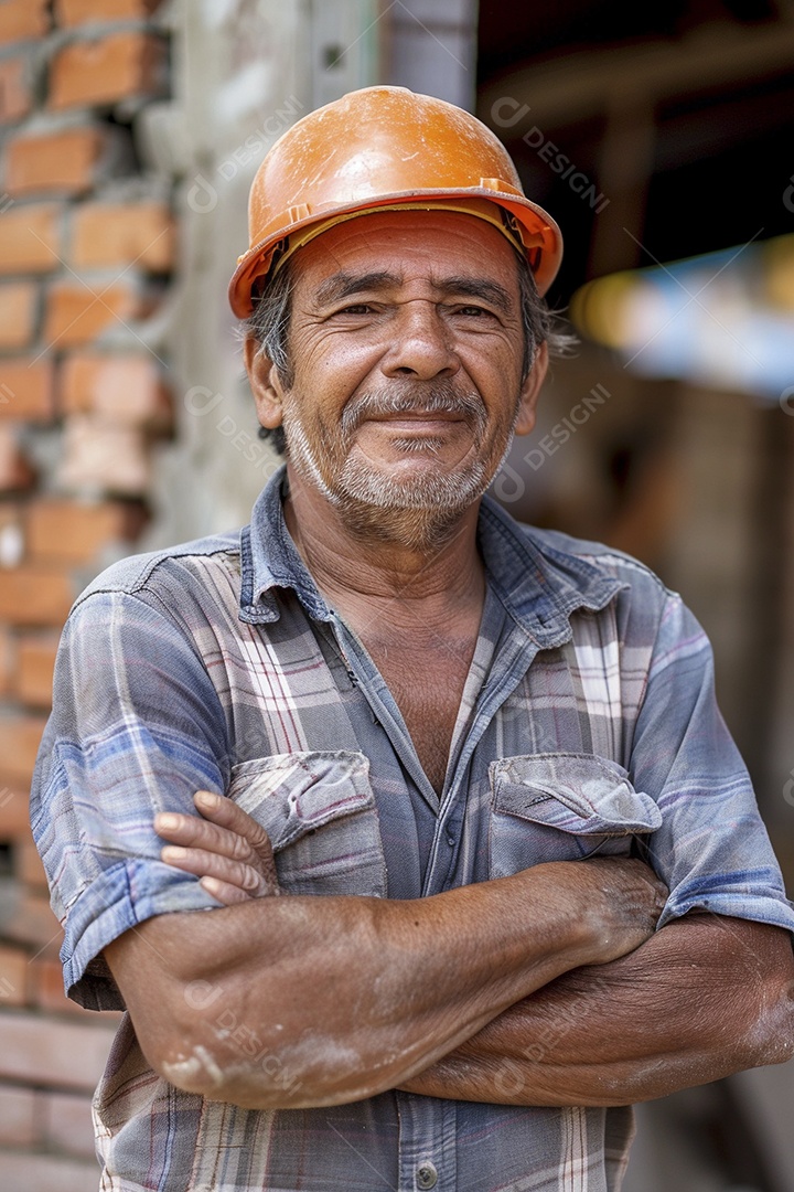 Pedreiro brasileiro padrão em frente a um canteiro de obras com os braços cruzados