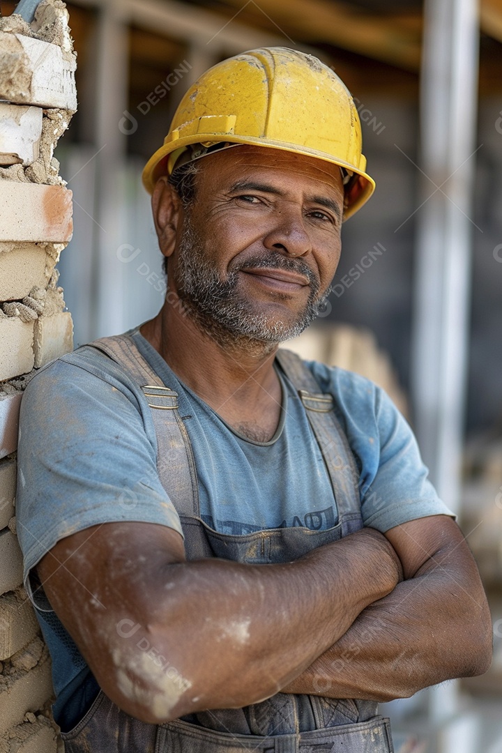 Pedreiro brasileiro padrão em frente a um canteiro de obras com os braços cruzados