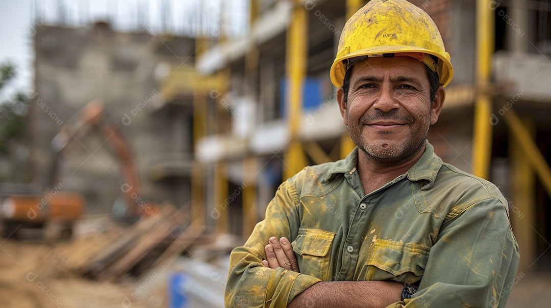 Pedreiro brasileiro padrão em frente a um canteiro de obras com os braços cruzados