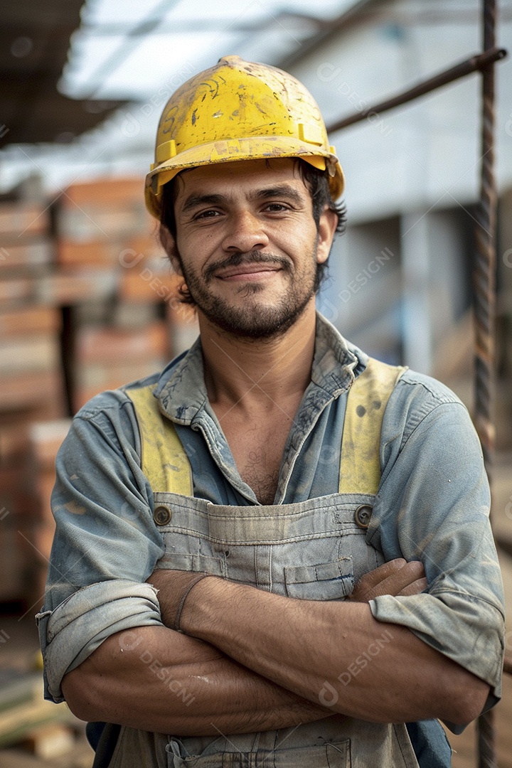 Pedreiro brasileiro padrão em frente a um canteiro de obras com os braços cruzados