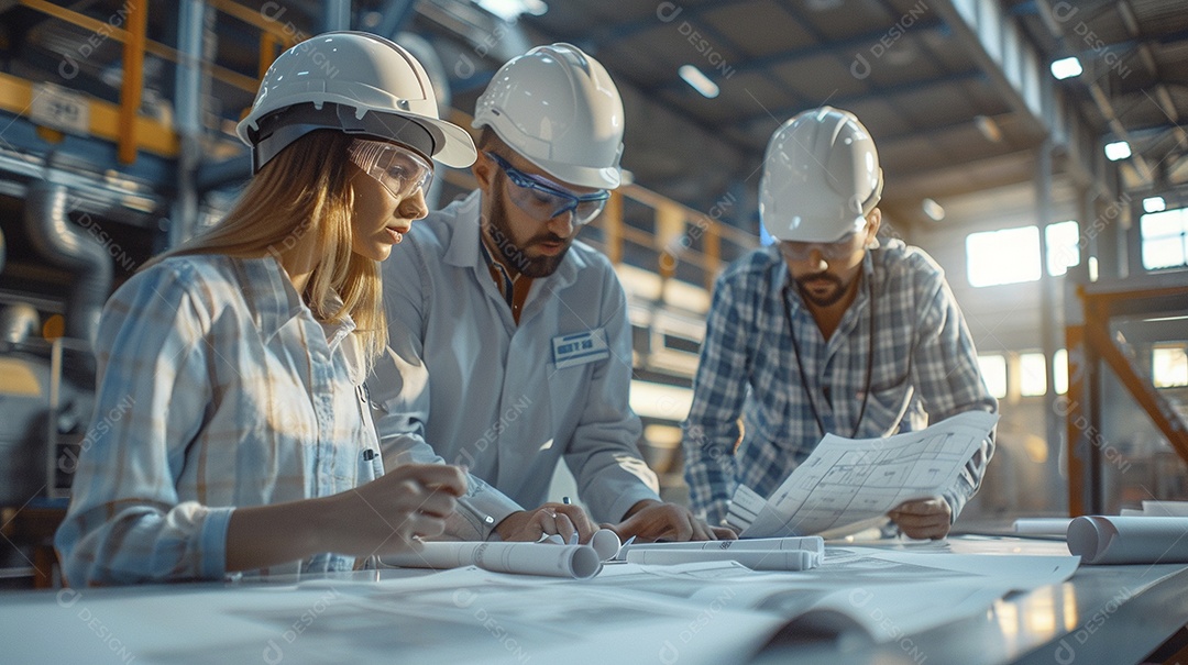 Equipe de engenheiros engajados, trabalhando em torno de uma mesa de conferência com plantas