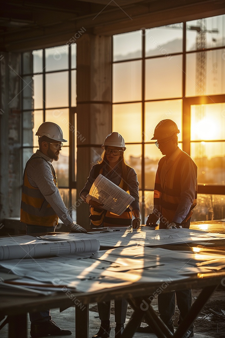 Equipe de engenheiros engajados, trabalhando em torno de uma mesa de conferência com plantas