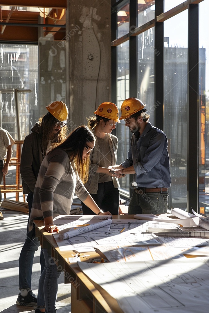 Equipe de engenheiros engajados, trabalhando em torno de uma mesa de conferência com plantas