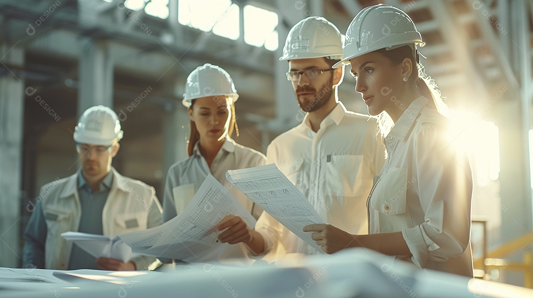 Equipe de engenheiros engajados, trabalhando em torno de uma mesa de conferência com plantas
