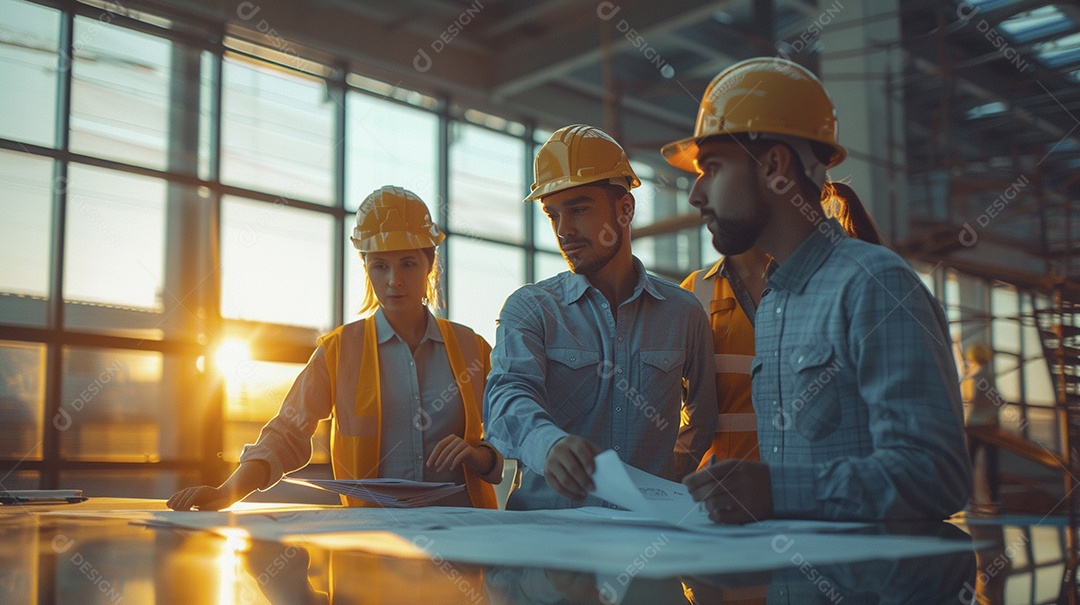 Equipe de engenheiros engajados, trabalhando em torno de uma mesa de conferência com plantas
