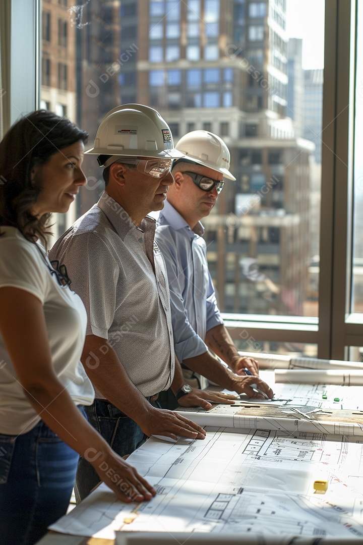 Equipe de engenheiros engajados, trabalhando em torno de uma mesa de conferência com plantas